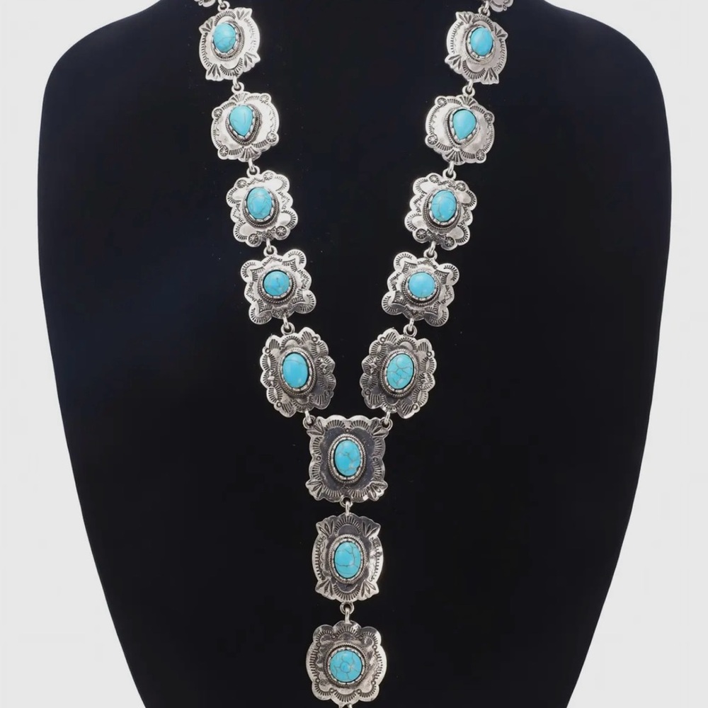 Concho Y Drop Western Design Turquoise and Silver Necklace NWT - Picture 3 of 6